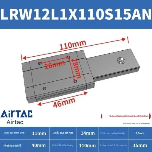 Ray trượt tuyến tính mini bản rộng LRW12L1X110S15AN - Ảnh 2
