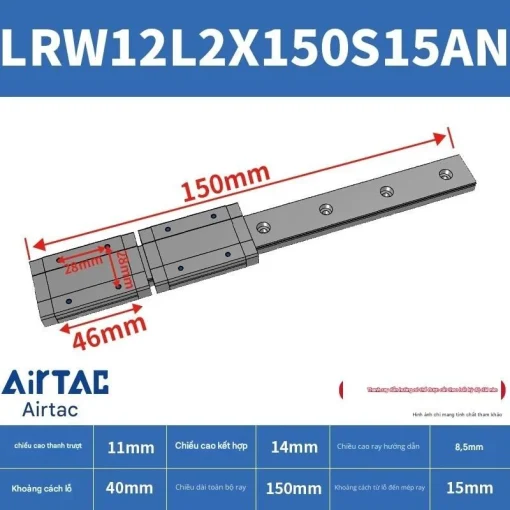Ray trượt tuyến tính mini bản rộng LRW12L2X150S15AN - Ảnh 2