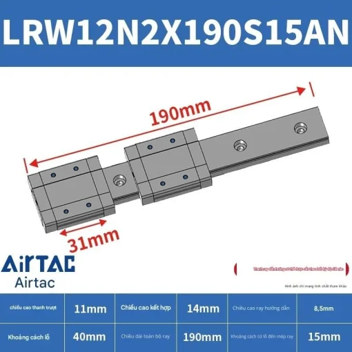 Ray trượt tuyến tính mini bản rộng LRW12N2X190S15AN - Ảnh 2