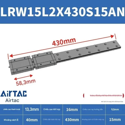 Ray trượt tuyến tính mini bản rộng LRW15L2X430S15AN - Ảnh 2