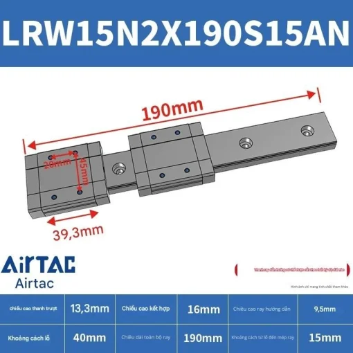 Ray trượt tuyến tính mini bản rộng LRW15N2X190S15AN - Ảnh 2