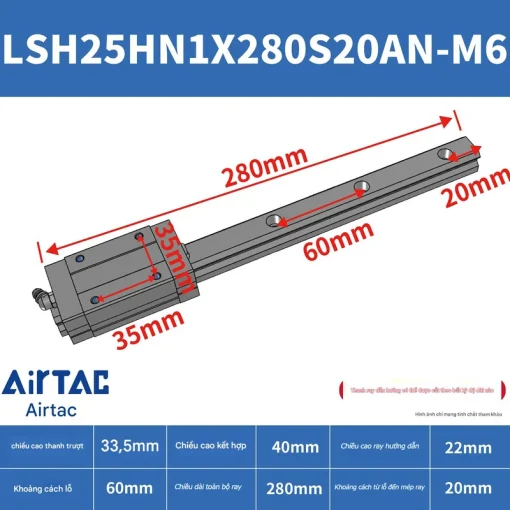 Thanh trượt vuông tiêu chuẩn LSH25HN1X280S20AN-M6 - Ảnh 2