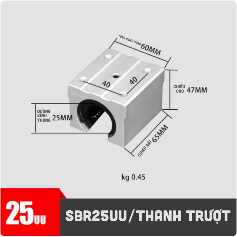 Con trượt tròn có đế thân ngắn SBR25UU (Bi trượt tròn có đế) - Ảnh 2