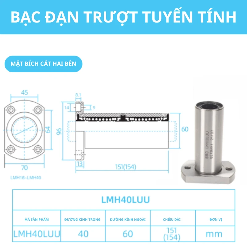 Con trượt tròn mặt bích Oval thân dài LMH40LUU (Bi trượt tròn) - Ảnh 2