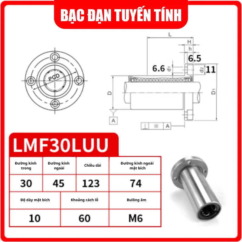 Con trượt tròn mặt bích tròn thân dài LMF30LUU (Bi trượt tròn) - Ảnh 2