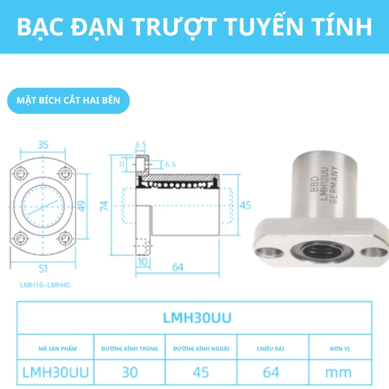 Con trượt tròn mặt bích Oval thân ngắn LMH30UU (Bi trượt tròn) - Ảnh 2