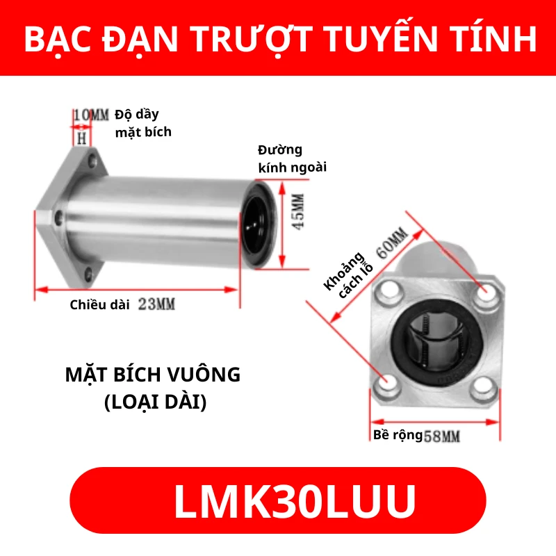 Con trượt tròn mặt bích vuông thân dài LMK30LUU (Bi trượt tròn) - Ảnh 2