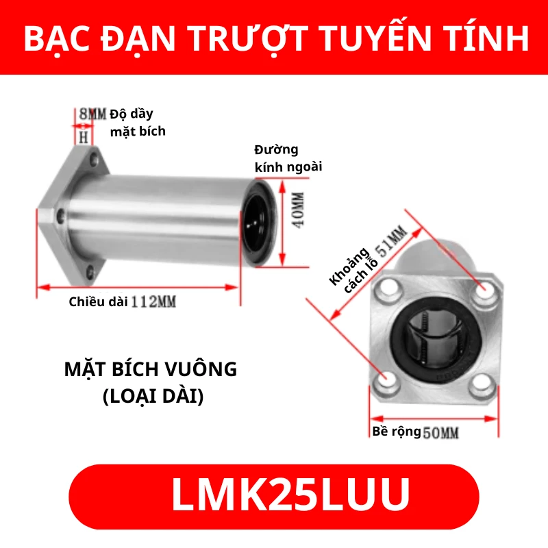 Con trượt tròn mặt bích vuông thân dài LMK25LUU (Bi trượt tròn) - Ảnh 2